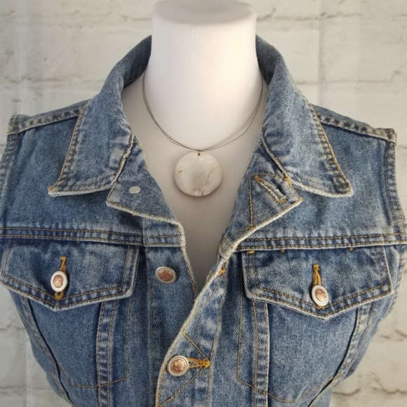 Vintage L Cropped Denim Jean Jacket Vest Adjustable Waist - Picture 2 of 10